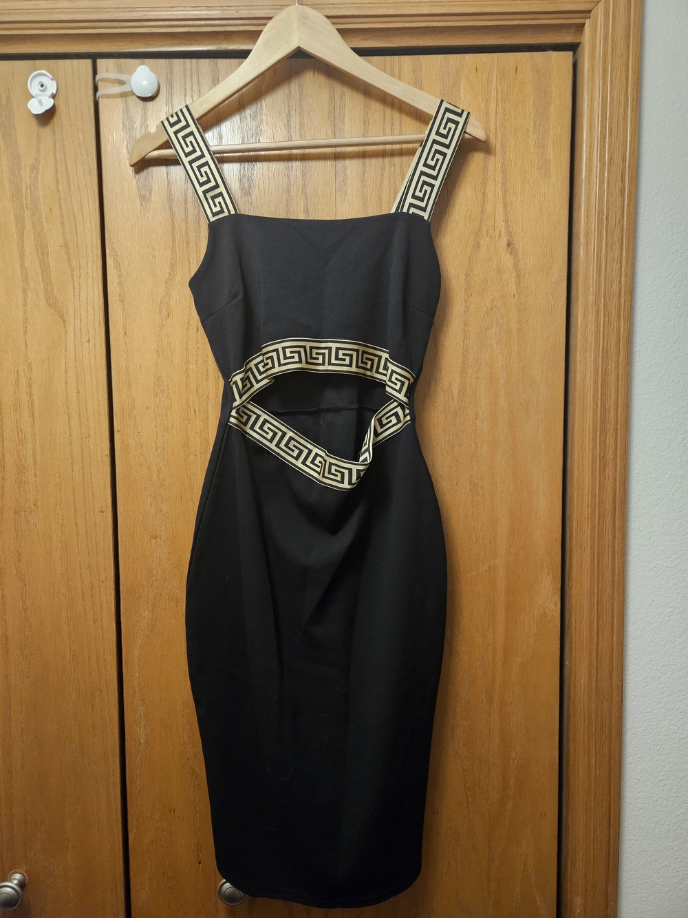 Sleeveless Black Midi Dress with Gold Greek Key Trim
